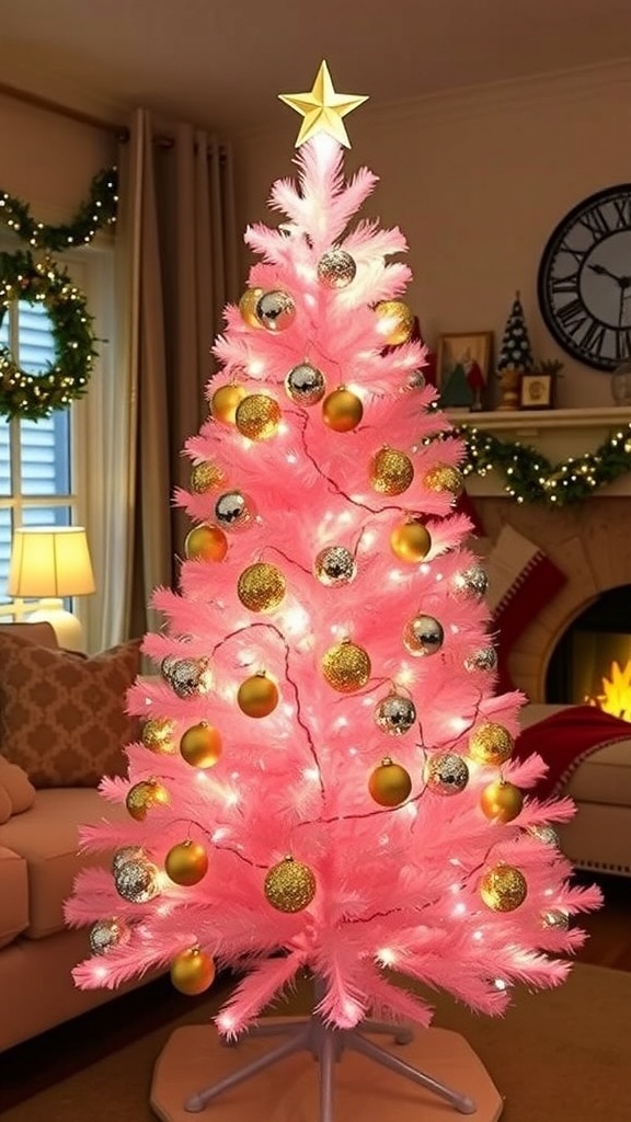 A 4-foot pink Christmas tree decorated with lights and ornaments in a cozy living room.